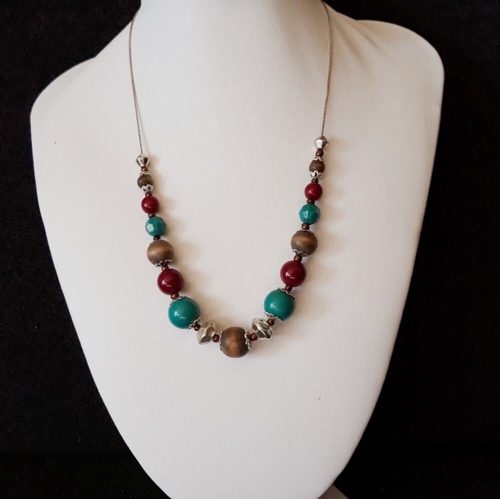 Vintage Beaded Necklace Aqua Brown Red Beads 17”